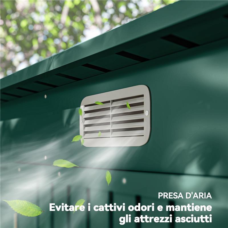 CAPANNO PORTA ATTREZZI CON 2 PRESE D'ARIA E CHIAVISTELLO, IN ACCIAIO, 249X121X183 CM, VERDE