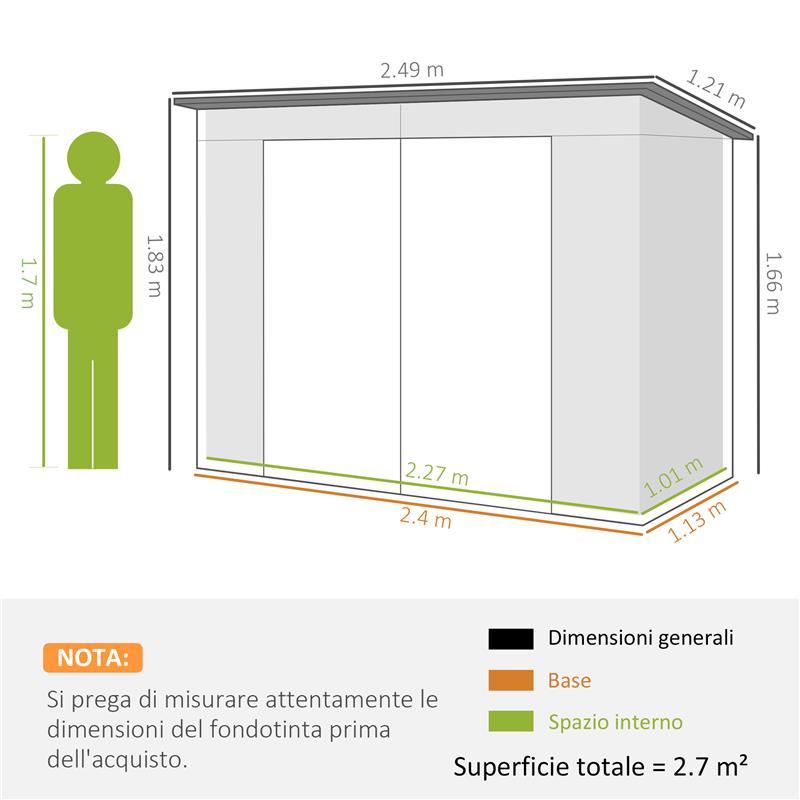 CAPANNO PORTA ATTREZZI CON 2 PRESE D'ARIA E CHIAVISTELLO, IN ACCIAIO, 249X121X183 CM, VERDE