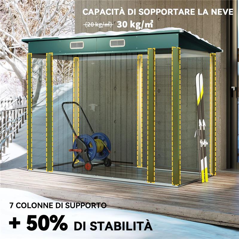 CAPANNO PORTA ATTREZZI CON 2 PRESE D'ARIA E CHIAVISTELLO, IN ACCIAIO, 249X121X183 CM, VERDE