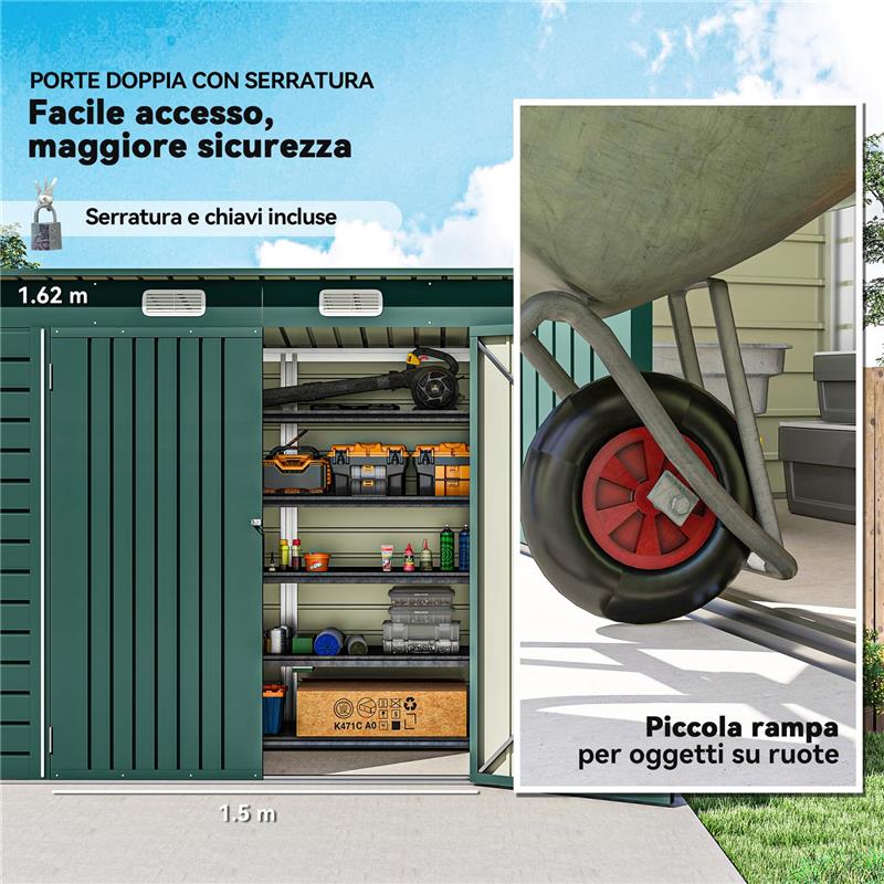 CAPANNO PORTA ATTREZZI CON 2 PRESE D'ARIA E CHIAVISTELLO, IN ACCIAIO, 249X121X183 CM, VERDE