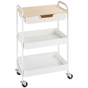 CARRELLO CUCINA MULTIUSO CON RUOTE GIREVOLI, 2 CESTI, CASSETTO E PIANO IN LEGNO, BIANCO