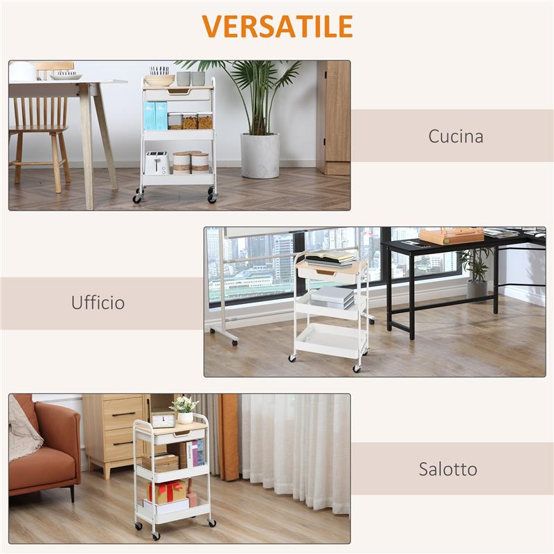 CARRELLO CUCINA MULTIUSO CON RUOTE GIREVOLI, 2 CESTI, CASSETTO E PIANO IN LEGNO, BIANCO