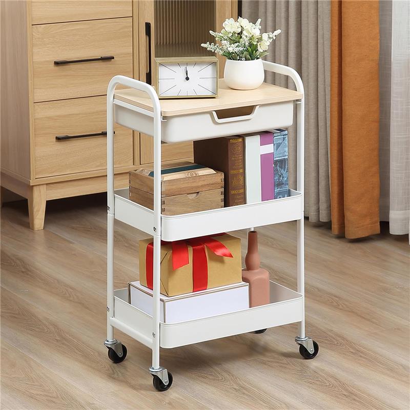 CARRELLO CUCINA MULTIUSO CON RUOTE GIREVOLI, 2 CESTI, CASSETTO E PIANO IN LEGNO, BIANCO