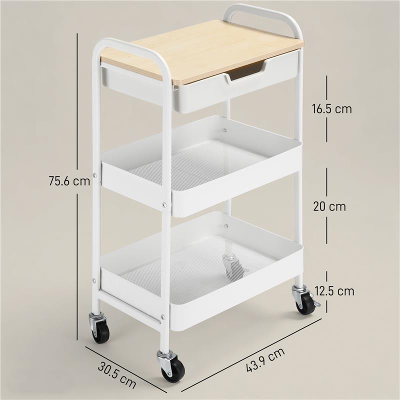 CARRELLO CUCINA MULTIUSO CON RUOTE GIREVOLI, 2 CESTI, CASSETTO E PIANO IN LEGNO, BIANCO