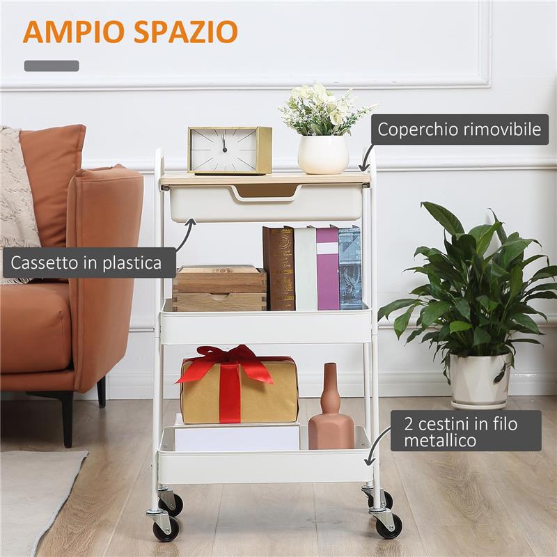 CARRELLO CUCINA MULTIUSO CON RUOTE GIREVOLI, 2 CESTI, CASSETTO E PIANO IN LEGNO, BIANCO