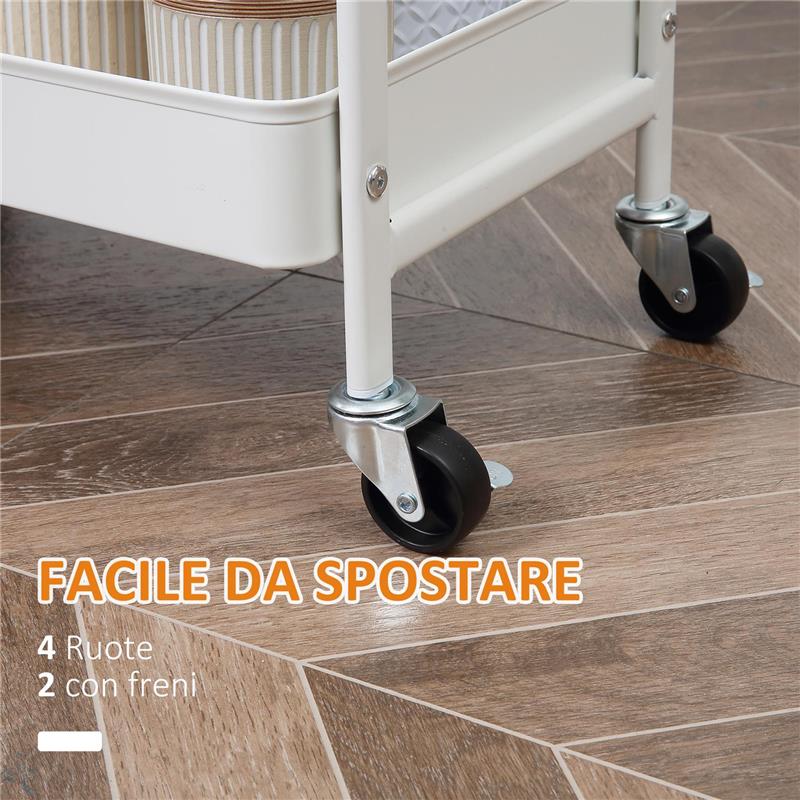 CARRELLO CUCINA MULTIUSO CON RUOTE GIREVOLI, 2 CESTI, CASSETTO E PIANO IN LEGNO, BIANCO