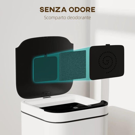BIDONE PER IMMONDIZIA DA 13L CON SENSORE E SPAZIO PER DEODORANTI, IN ACCIAIO E PP, 24X24X41 CM, BIANCO E NERO