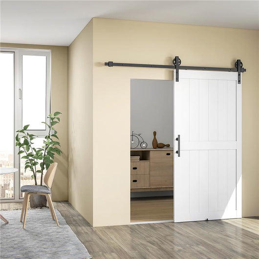 PORTA SCORREVOLE IN STILE COUNTRY CON BINARIO E MANIGLIA IN LEGNO E ACCIAIO, 106.6X213.4 CM, BIANCO E NERO