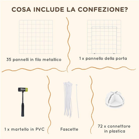 RECINTO PER ANIMALI DOMESTICI PICCOLI CON 36 PANNELLI DI METALLO MODULABILI CON PORTA, BIANCO