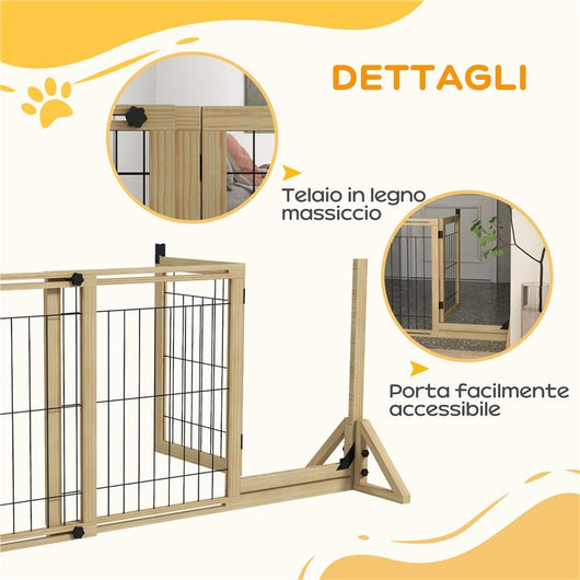 CANCELLETTO PER CANI ESTENSIBILE CON PORTA E 2 PANNELLI, PIEDINI TRIANGOLARI, 112-159X70 CM, LEGNO NATURALE