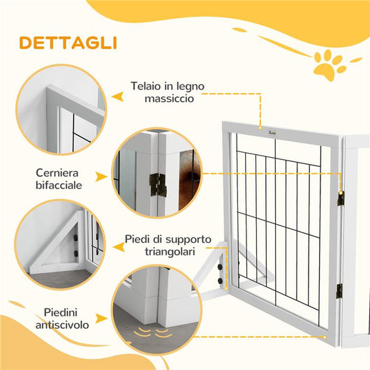 CANCELLINO PER CANI PIEGHEVOLE CON 4 PANNELLI E PIEDINI TRIANGOLARI, 280X70 CM, BIANCO