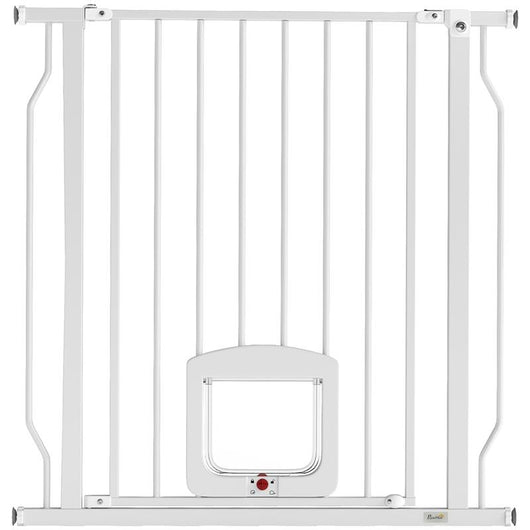 CANCELLO PER CANI E GATTI ESTENSIBILE CON GATTAIOLA INTEGRATA, IN ACCIAIO E ABS, 75-85X2X76 CM, BIANCO