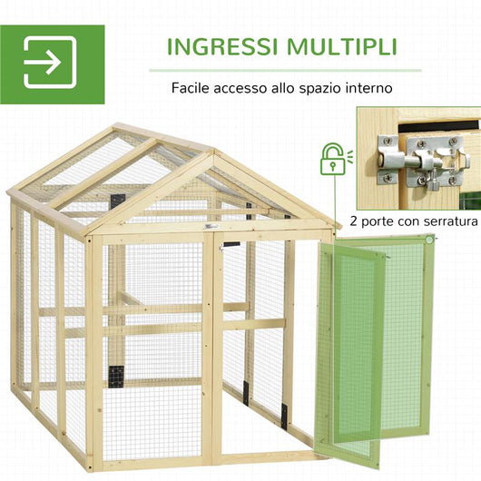 RECINTO PER GALLINE ALL'APERTO IN LEGNO CON PORTE MULTIPLE E RETE IN METALLO, 140X88.5X106 CM, COLOR LEGNO