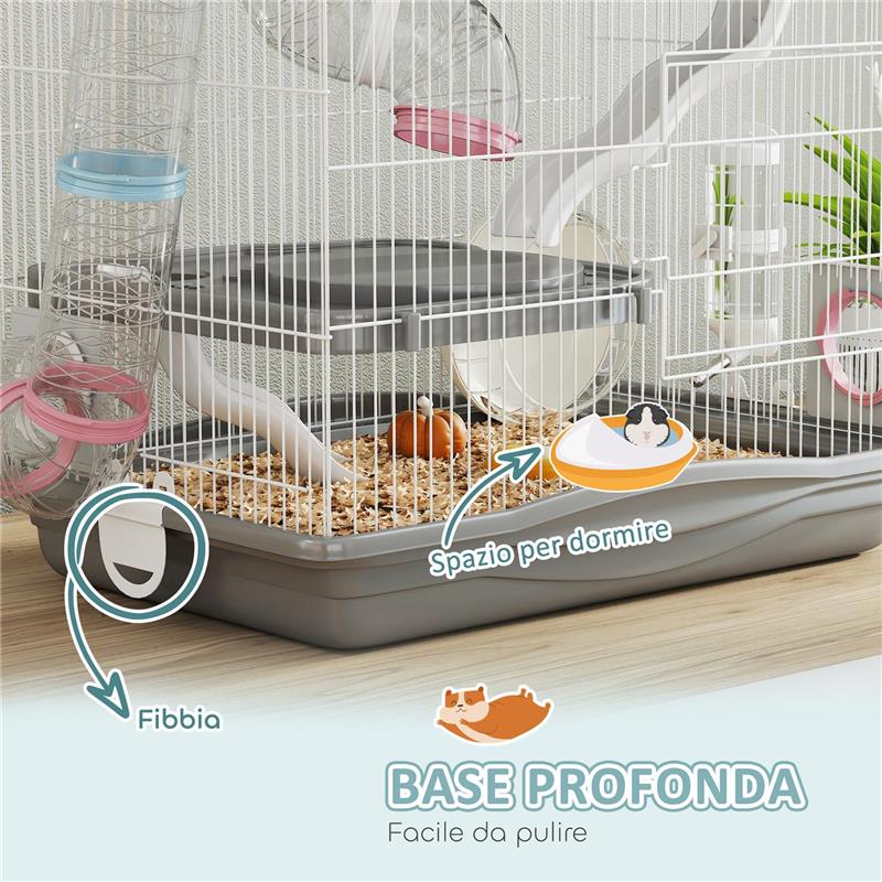 GABBIA PER CRICETI A 3 LIVELLI E 14 TUBI CON CASETTA, RAMPA, E ACCESSORI, IN METALLO E PLASTICA, 45X30X45 CM, GRIGIO