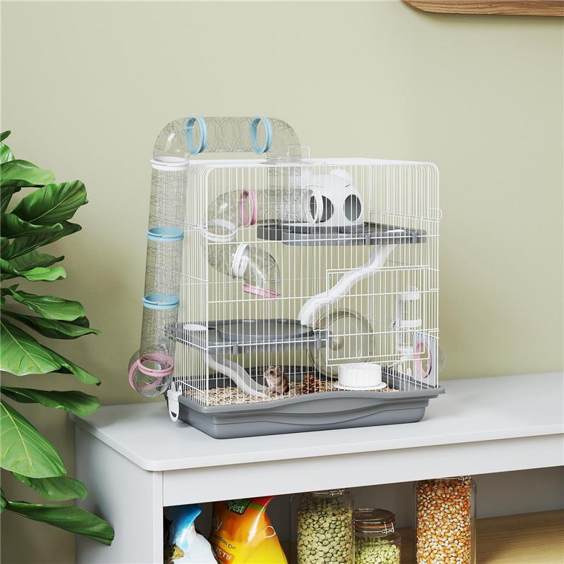 GABBIA PER CRICETI A 3 LIVELLI E 14 TUBI CON CASETTA, RAMPA, E ACCESSORI, IN METALLO E PLASTICA, 45X30X45 CM, GRIGIO