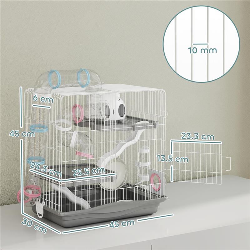 GABBIA PER CRICETI A 3 LIVELLI E 14 TUBI CON CASETTA, RAMPA, E ACCESSORI, IN METALLO E PLASTICA, 45X30X45 CM, GRIGIO