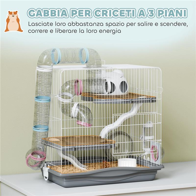 GABBIA PER CRICETI A 3 LIVELLI E 14 TUBI CON CASETTA, RAMPA, E ACCESSORI, IN METALLO E PLASTICA, 45X30X45 CM, GRIGIO