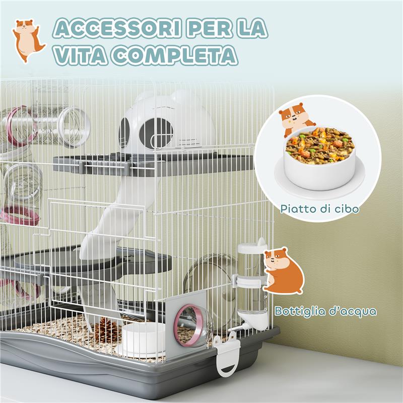 GABBIA PER CRICETI A 3 LIVELLI E 14 TUBI CON CASETTA, RAMPA, E ACCESSORI, IN METALLO E PLASTICA, 45X30X45 CM, GRIGIO