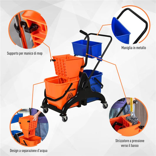 CARRELLO PULIZIE PROFESSIONALE DA 26L CON 2 SECCHI LAVAPAVIMENTI, IN PLASTICA E METALLO, 78X45X95 CM, ARANCIO BLU