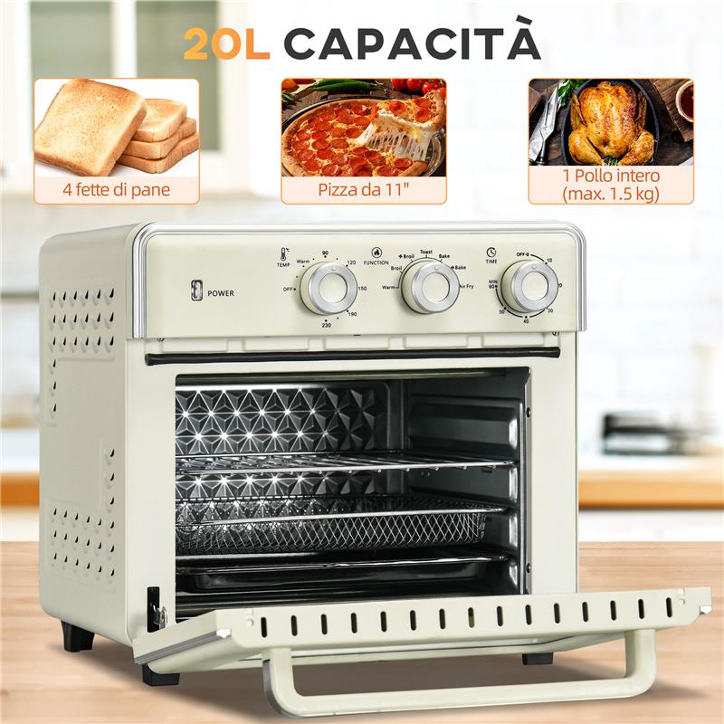 MINI FORNO ELETTRICO 20L VENTILATO 1400W CON ARIA CALDA E ACCESSORI, CREMA