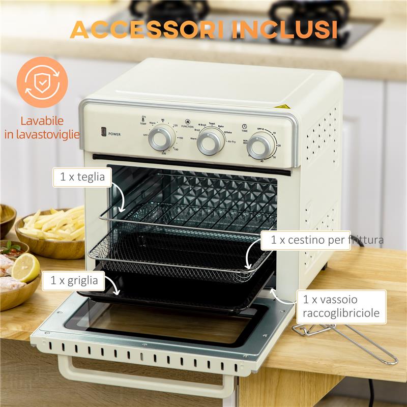 MINI FORNO ELETTRICO 20L VENTILATO 1400W CON ARIA CALDA E ACCESSORI, CREMA