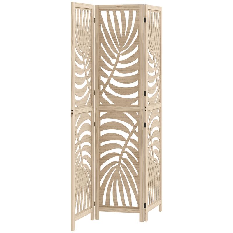 PARAVENTO DA INTERNO A 3 PANNELLI PIEGHEVOLE E SEPARABILE IN LEGNO, DESIGN A FOGLIE, 120X170 CM, COLORE LEGNO