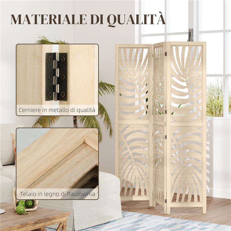 PARAVENTO DA INTERNO A 3 PANNELLI PIEGHEVOLE E SEPARABILE IN LEGNO, DESIGN A FOGLIE, 120X170 CM, COLORE LEGNO