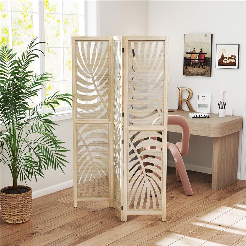 PARAVENTO DA INTERNO A 3 PANNELLI PIEGHEVOLE E SEPARABILE IN LEGNO, DESIGN A FOGLIE, 120X170 CM, COLORE LEGNO