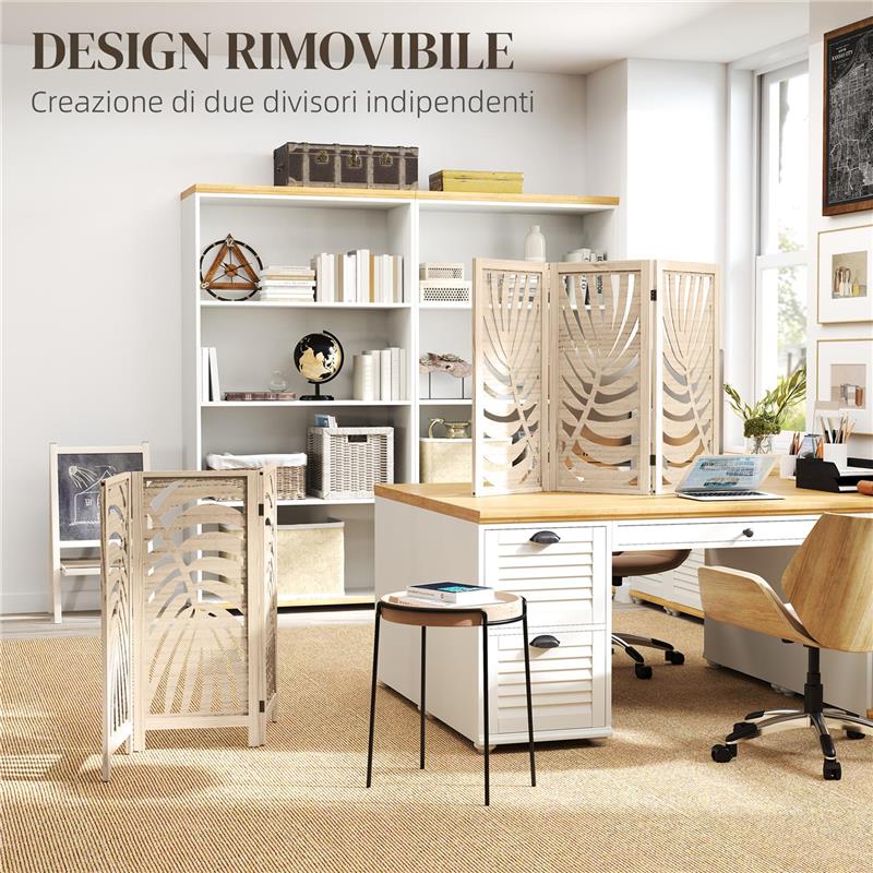 PARAVENTO DA INTERNO A 3 PANNELLI PIEGHEVOLE E SEPARABILE IN LEGNO, DESIGN A FOGLIE, 120X170 CM, COLORE LEGNO