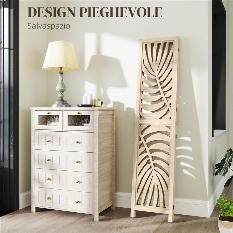 PARAVENTO DA INTERNO A 3 PANNELLI PIEGHEVOLE E SEPARABILE IN LEGNO, DESIGN A FOGLIE, 120X170 CM, COLORE LEGNO