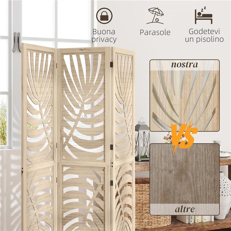 PARAVENTO DA INTERNO A 3 PANNELLI PIEGHEVOLE E SEPARABILE IN LEGNO, DESIGN A FOGLIE, 120X170 CM, COLORE LEGNO