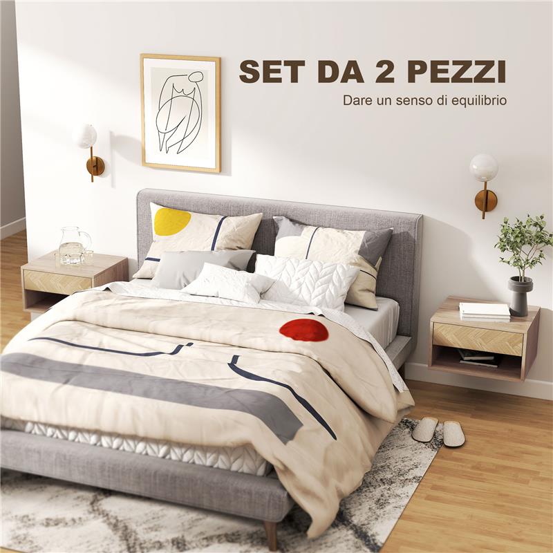 SET DI 2 COMODINI SOSPESI MODERNI CON CASSETTO E VANO APERTO, 37X32X21 CM, LEGNO NATURALE