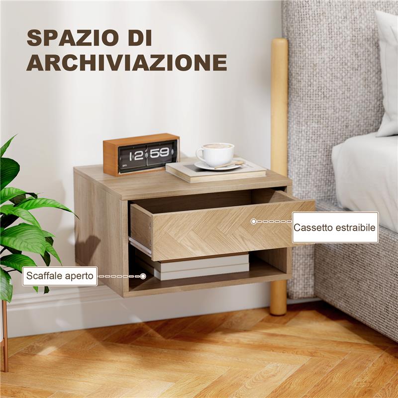 SET DI 2 COMODINI SOSPESI MODERNI CON CASSETTO E VANO APERTO, 37X32X21 CM, LEGNO NATURALE