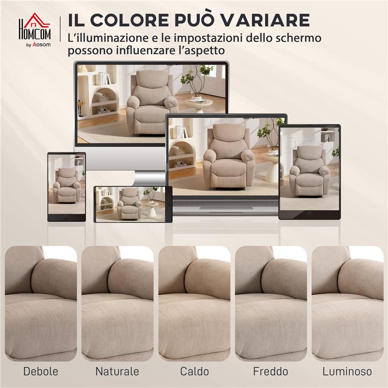POLTRONA RECLINABILE MANUALE IN TESSUTO CUSCINO SPESSO, BRACCIOLI IMBOTTITI E POGGIAPIEDI, BEIGE