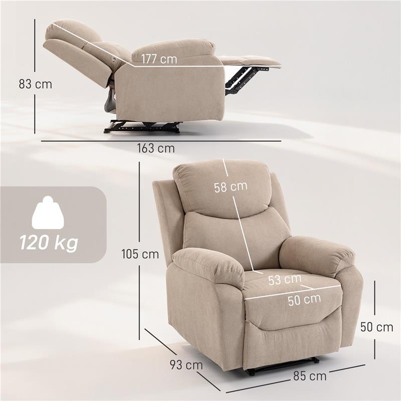 POLTRONA RECLINABILE MANUALE IN TESSUTO CUSCINO SPESSO, BRACCIOLI IMBOTTITI E POGGIAPIEDI, BEIGE