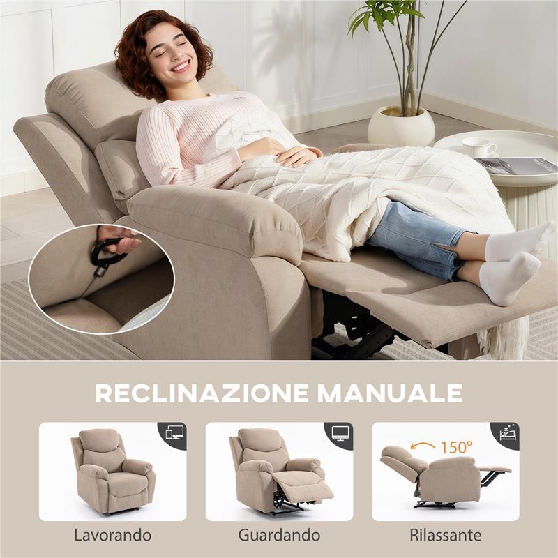 POLTRONA RECLINABILE MANUALE IN TESSUTO CUSCINO SPESSO, BRACCIOLI IMBOTTITI E POGGIAPIEDI, BEIGE
