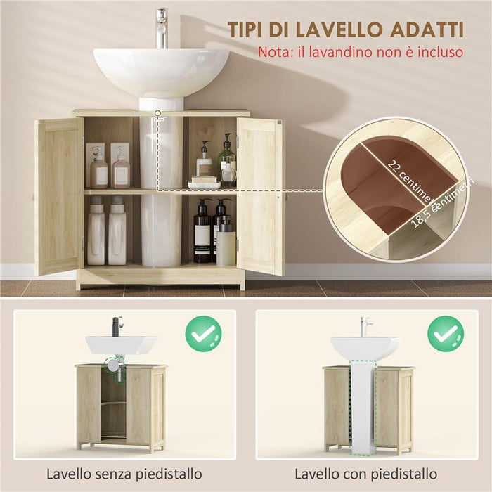 MOBILE SOTTOLAVABO A 2 ANTE CON RIPIANO REGOLABILE E INTAGLIO A U, 60X30X60 CM, ROVERE