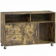 MOBILE PORTA STAMPANTE A ROTELLE CON 2 CASSETTI, 3 RIPIANI E 2 ARMADIETTI, IN LEGNO, 100X35X65 CM, MARRONE