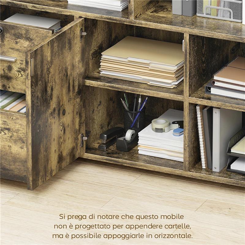 MOBILE PORTA STAMPANTE A ROTELLE CON 2 CASSETTI, 3 RIPIANI E 2 ARMADIETTI, IN LEGNO, 100X35X65 CM, MARRONE