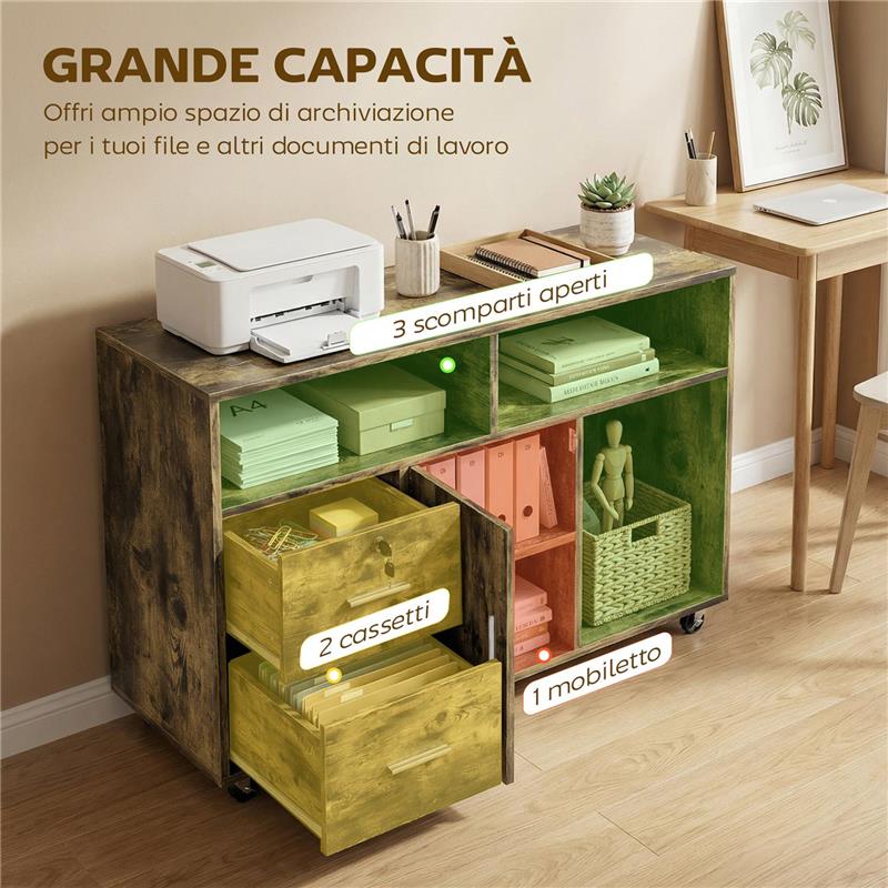 MOBILE PORTA STAMPANTE A ROTELLE CON 2 CASSETTI, 3 RIPIANI E 2 ARMADIETTI, IN LEGNO, 100X35X65 CM, MARRONE