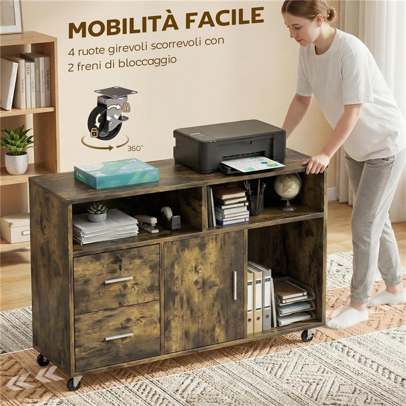 MOBILE PORTA STAMPANTE A ROTELLE CON 2 CASSETTI, 3 RIPIANI E 2 ARMADIETTI, IN LEGNO, 100X35X65 CM, MARRONE