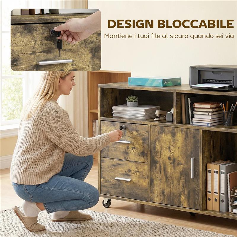 MOBILE PORTA STAMPANTE A ROTELLE CON 2 CASSETTI, 3 RIPIANI E 2 ARMADIETTI, IN LEGNO, 100X35X65 CM, MARRONE