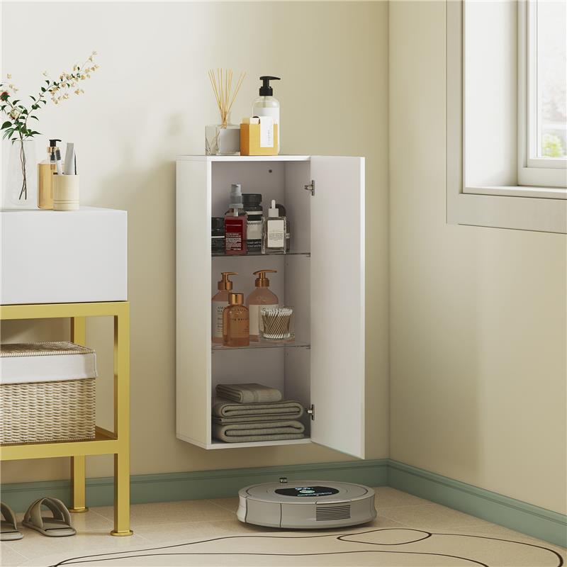 MOBILETTO BAGNO PENSILE CON 2 RIPIANI IN VETRO REGOLABILI E ANTA SENZA MANIGLIA, BIANCO LUCIDO