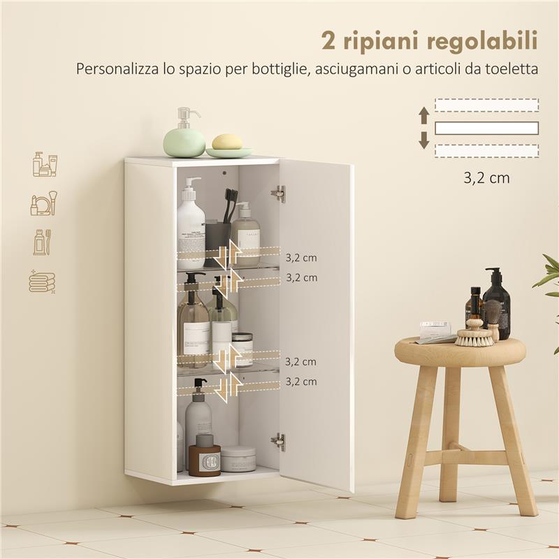 MOBILETTO BAGNO PENSILE CON 2 RIPIANI IN VETRO REGOLABILI E ANTA SENZA MANIGLIA, BIANCO LUCIDO