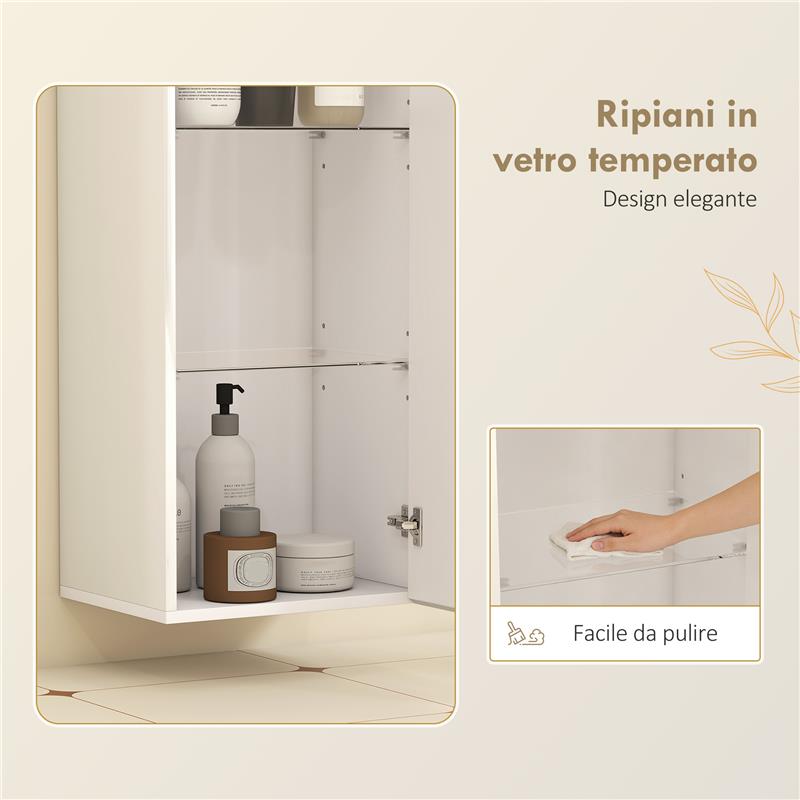 MOBILETTO BAGNO PENSILE CON 2 RIPIANI IN VETRO REGOLABILI E ANTA SENZA MANIGLIA, BIANCO LUCIDO