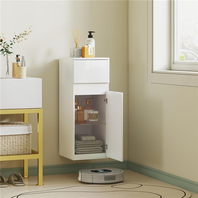 MOBILETTO BAGNO SOSPESO CON CASSETTO, ANTA LUCIDA E RIPIANO IN VETRO REGOLABILE, BIANCO
