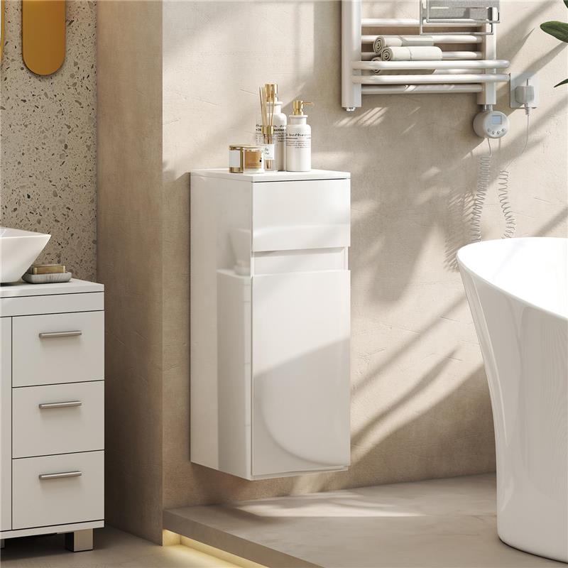 MOBILETTO BAGNO SOSPESO CON CASSETTO, ANTA LUCIDA E RIPIANO IN VETRO REGOLABILE, BIANCO