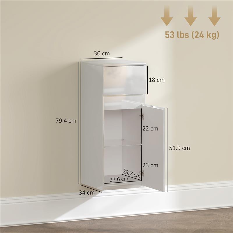 MOBILETTO BAGNO SOSPESO CON CASSETTO, ANTA LUCIDA E RIPIANO IN VETRO REGOLABILE, BIANCO