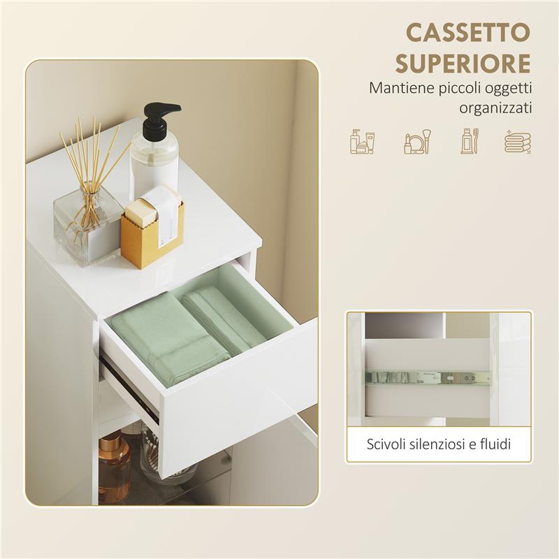 MOBILETTO BAGNO SOSPESO CON CASSETTO, ANTA LUCIDA E RIPIANO IN VETRO REGOLABILE, BIANCO