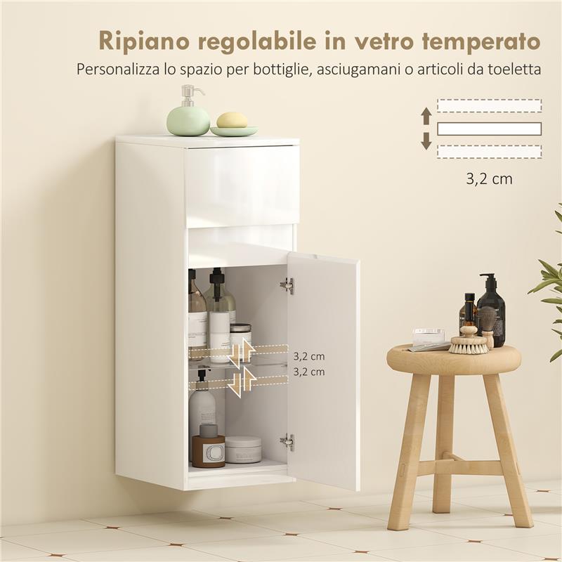 MOBILETTO BAGNO SOSPESO CON CASSETTO, ANTA LUCIDA E RIPIANO IN VETRO REGOLABILE, BIANCO
